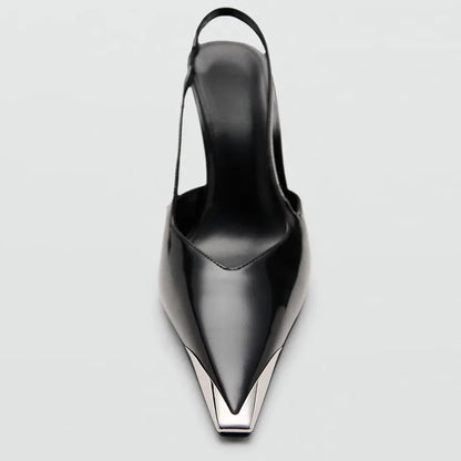 Novelty Metal Pointed Toe High Heels Women 2026 New Elegant Slingback Heeled Sandals Sexy Black Patent Leather Designer Shoes