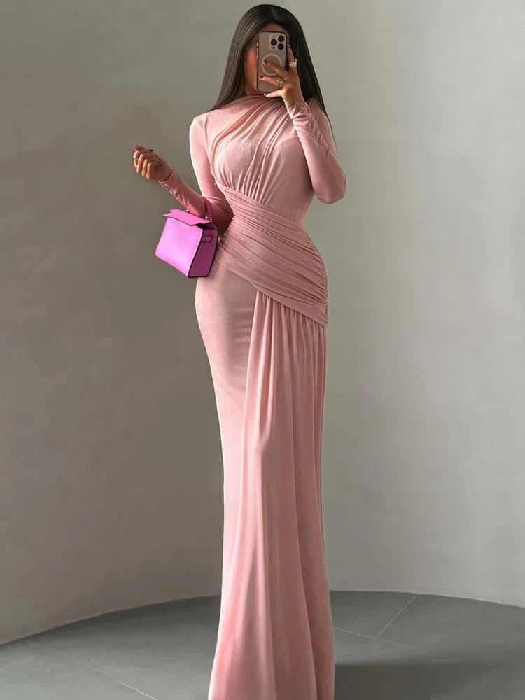 Maxi Dress Women o-Neck Full Sleeve Solid Banquet Elegant Vacation Fashion Autumn Skinny Casual Simple Vestido
