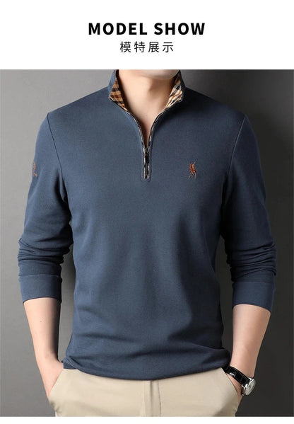High end 100% cotton brand long sleeve T-shirt men's standing collar autumn fashionable embroidery Paul casual sports polo shirt