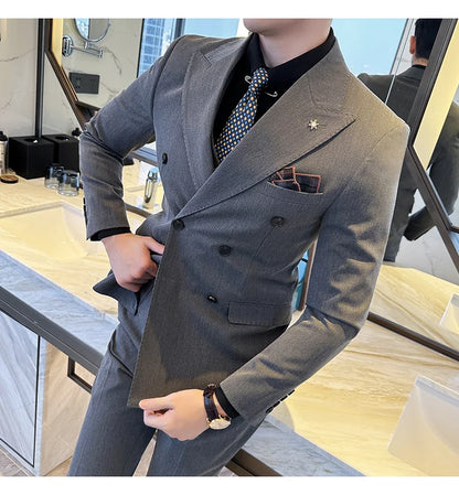 (Jackets+Pants) Luxury Double Breasted Design Slim Fit Suit High Quality Fashion Men's Wedding Social Suit Tuxedo 2 Piece Set