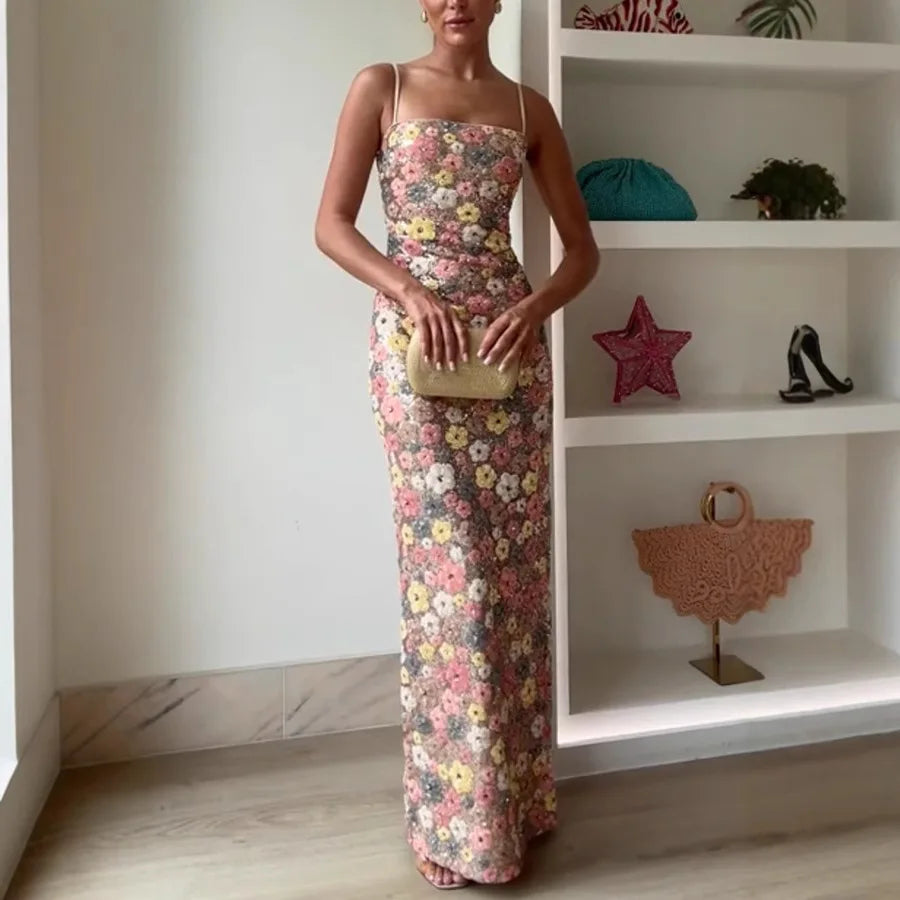 Women Flowers Sequin Patchwork Slim Party Long Dress Strapless Fashion Maxi Dress, Sexy Sleeveless Ladies Dress Vestidos