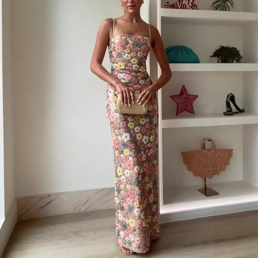Women Flowers Sequin Patchwork Slim Party Long Dress Strapless Fashion Maxi Dress, Sexy Sleeveless Ladies Dress Vestidos
