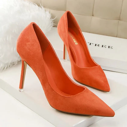 Women Elegant Flock Orange Purple Evening Banquet Party Pumps Lady Classic Scarpin New Burgundy 9cm High Heels Shoes Plus Size