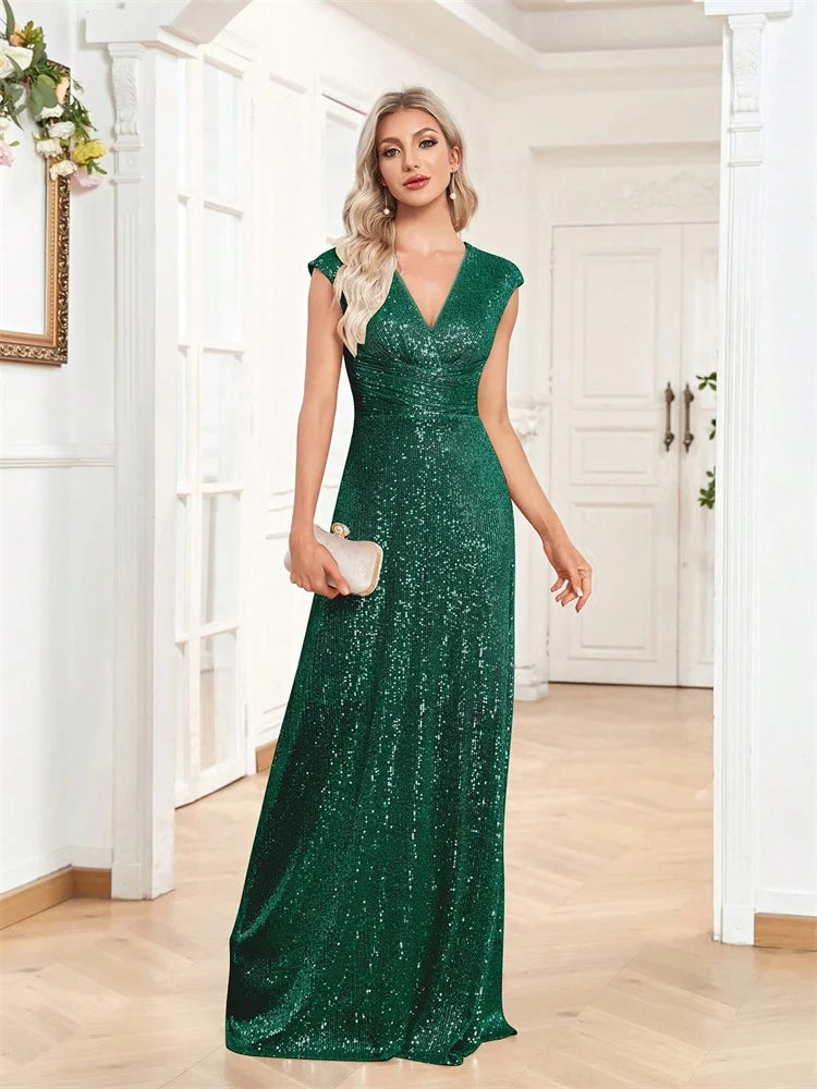 Vestido de Noite Sereia Feminino Elegante Decote V Longo Formal Azul para Formatura Festa com Lantejoulas Sem Mangas Vestidos