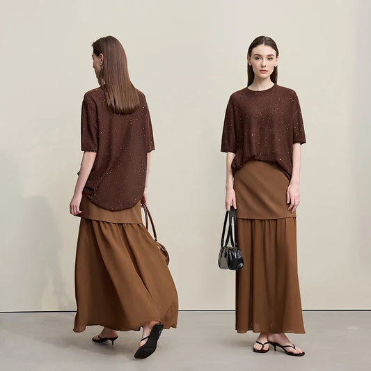 Women's Skirt 2026 Spring New Elegant Patchwork Chiffon Long Skirt Solid Color Straight Versatile Woman Clothes 12641047