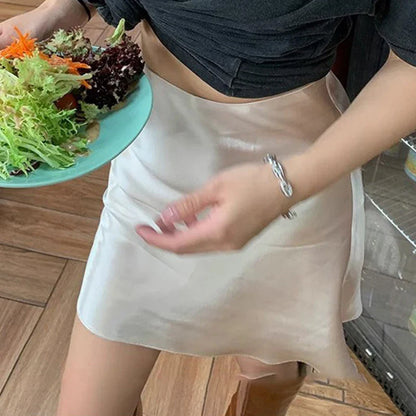 2026 Summer Lady High Waist Thin Acetate Satin Skirts Lady Solid Color A-line Dresses Girls Chic Korean Fashion Skirts