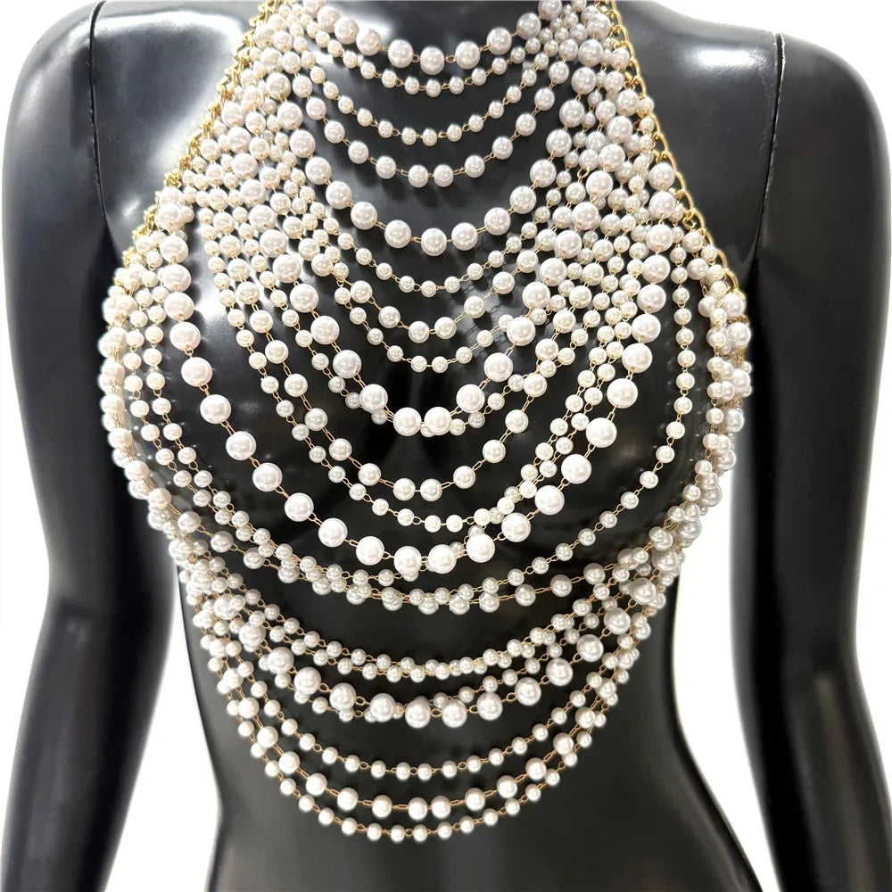 Elegant Tassel Pearl Chain Women Tank Top Body Chain Sexy Hollow Out See Through Backless Halter Neck Crop Top Party Club Camis