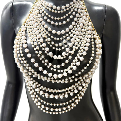Elegant Tassel Pearl Chain Women Tank Top Body Chain Sexy Hollow Out See Through Backless Halter Neck Crop Top Party Club Camis