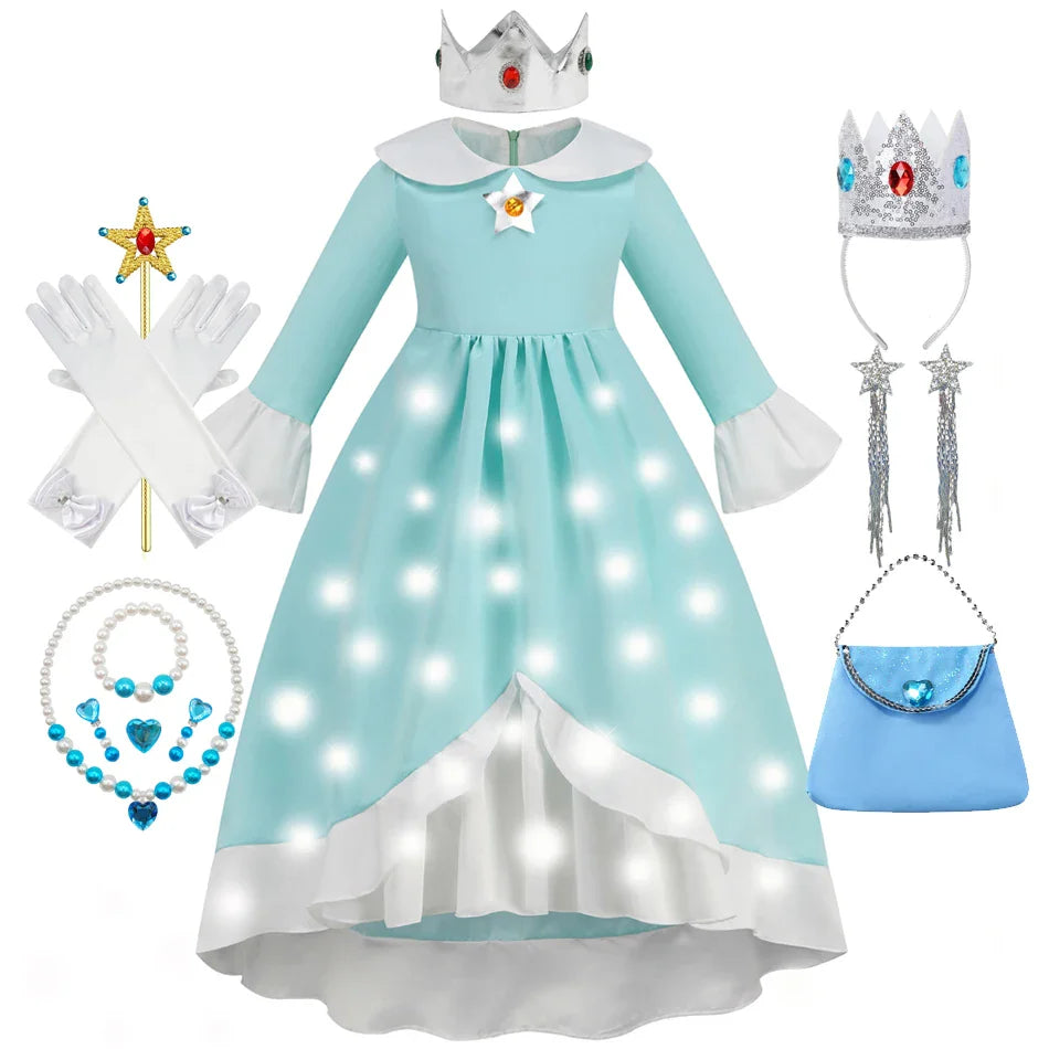 Rosalina Galaxy Princess Dress with Glowing Light Girls Game Role Play Princess Costume Halloween Rosalina Kids LED Light 10T