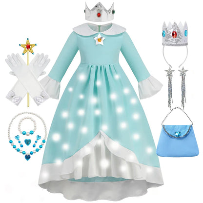 Rosalina Galaxy Princess Dress with Glowing Light Girls Game Role Play Princess Costume Halloween Rosalina Kids LED Light 10T