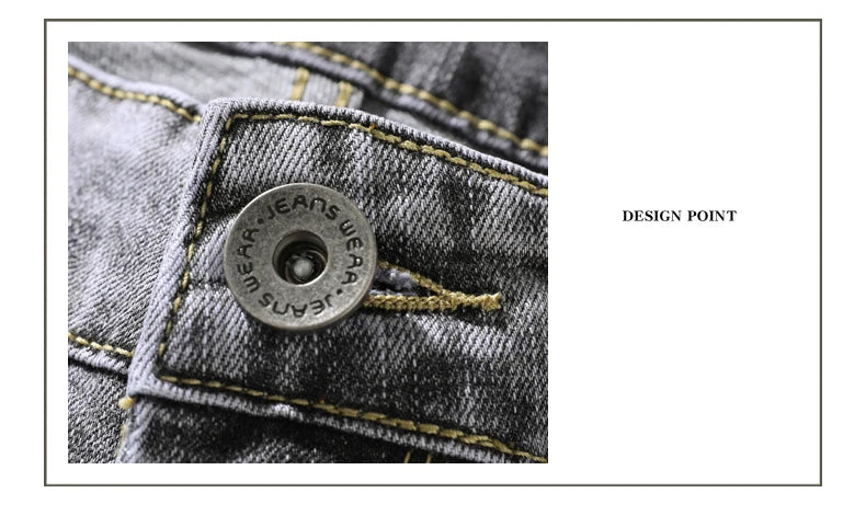 2022 Autumn Spring Fitted Straight Stretch Denim  Classic Style Badge Youth Men's Business Casual Jeans Trousers