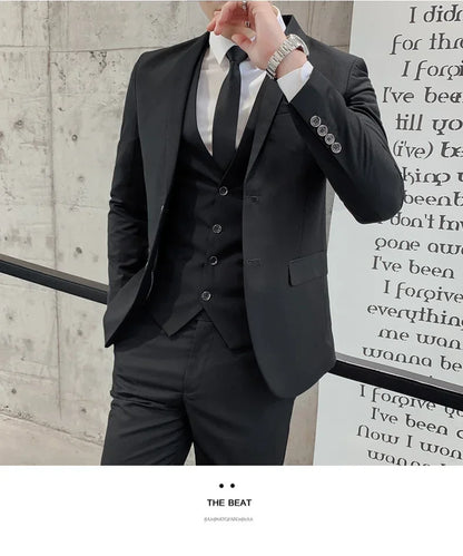 Suit Men's (Blazer+ Vest + Pants) 2025 Business Gentleman Fashionable and Fitted Casual Work Solid-color Wedding Best Man Suit