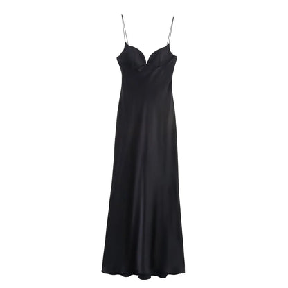 Women Red V-Neck Holiday Style Satin Texture Long Dress Sleeveless Summer Women's Back Zipper Fashion Sling Dresses