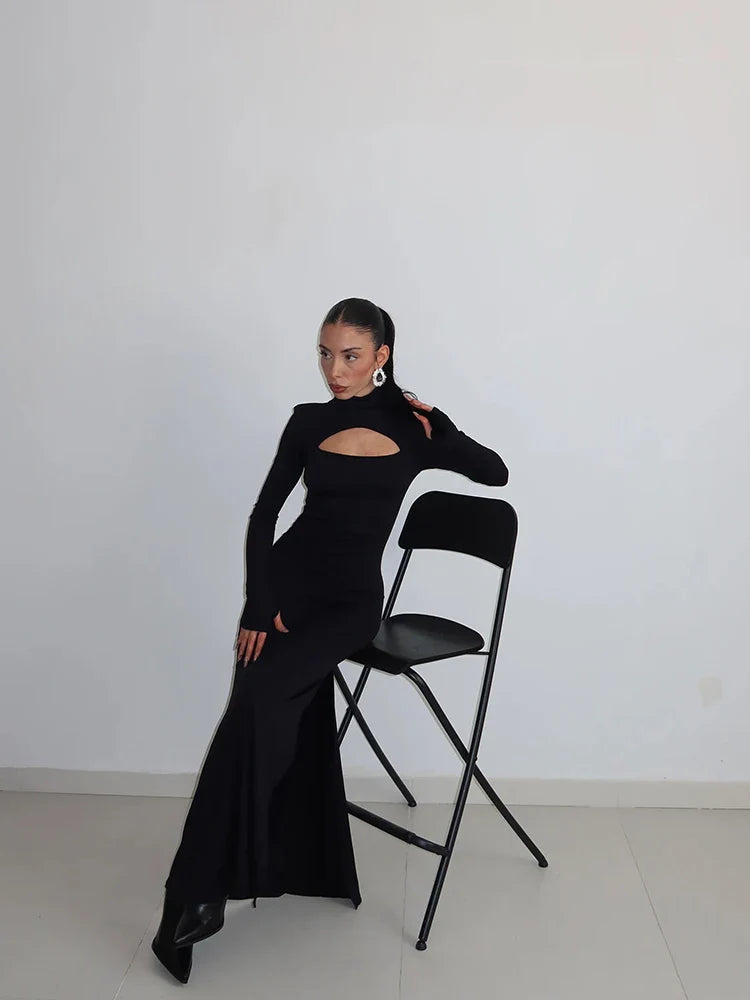 Sheath Women's Maxi Dresses Solid Turtleneck Regular Long Sleeves Hollow Out Slim Fit Bodycon Party Vestidos Robes
