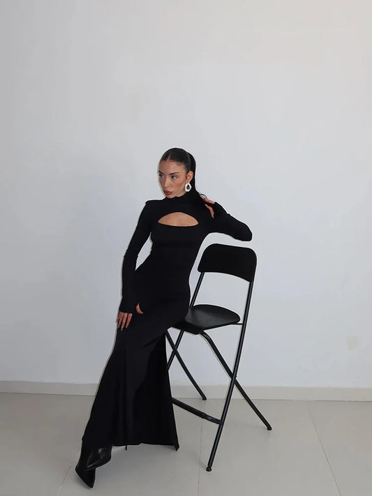 Sheath Women's Maxi Dresses Solid Turtleneck Regular Long Sleeves Hollow Out Slim Fit Bodycon Party Vestidos Robes