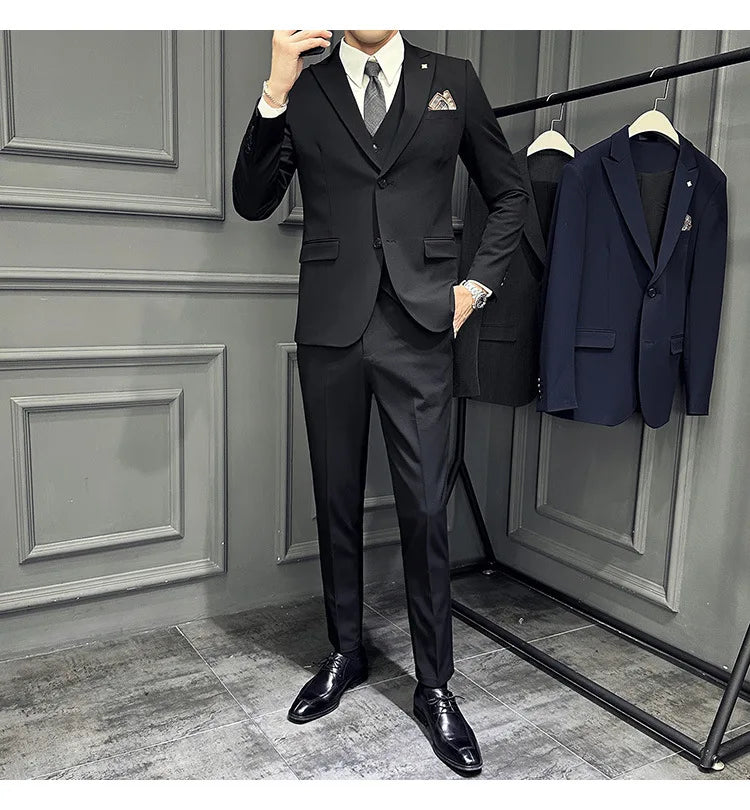 Slim Fit Men's Three Piece Suit Thin Single Button Notch Lapel Casual Fashion Cotton Blend Spring Autumn Wear for Youth