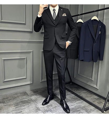 Slim Fit Men's Three Piece Suit Thin Single Button Notch Lapel Casual Fashion Cotton Blend Spring Autumn Wear for Youth