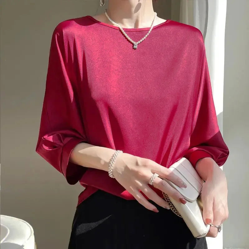 2026 New In Summer Satin Silk Half-Sleeve Tee Tops Basic Solid Women‘s T-Shirt Casual O-neck Thin Shirts Ladies Loose Blouses