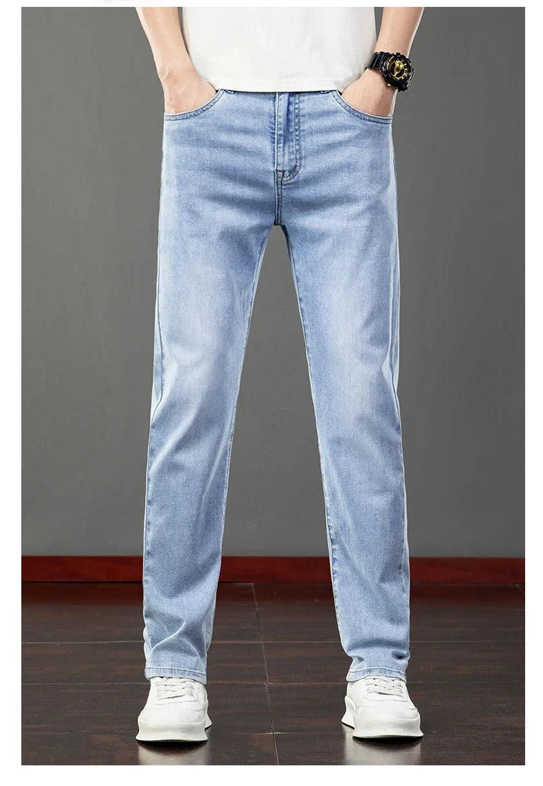 2026 Summer Men's Jeans Slim Fit Jeans Thin Stretch Straight Light Business Casual Denim Long Pants Male Classic Style Brand
