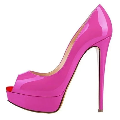 2026 New Women Pumps Sexy Platform Peep Toe 14cm Extremely High Heels Stiletto Patent Leather Party Nighclub Red Wedding Shoes