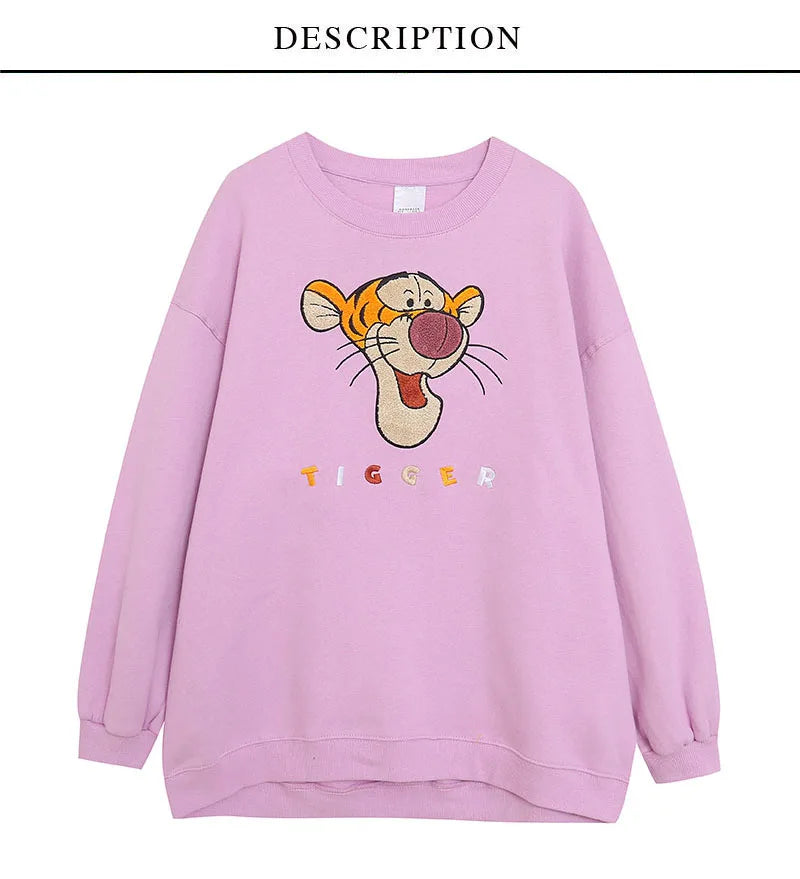 Embroidery Sweatshirt Women Casual Fleece Jumper Tigger Cheshire Cat Cartoon Loose Pullover Top O Neck