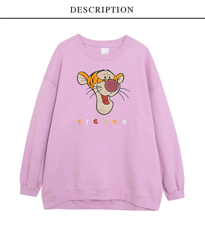 Embroidery Sweatshirt Women Casual Fleece Jumper Tigger Cheshire Cat Cartoon Loose Pullover Top O Neck