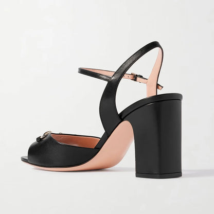Black Cowhide Square Toe Chunky Heel One Word Buckle Sandals Metal Buckle Open Toe Modern Sandals