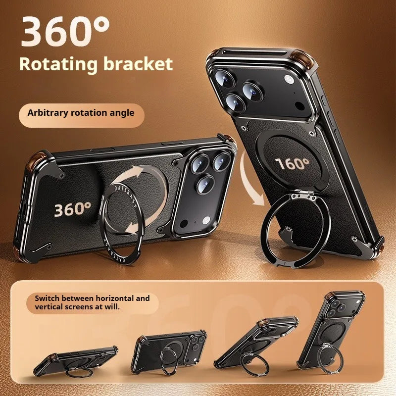 iPhone 17 Pro Max Air Phone Case Genuine Leather Magsafe Frameless Shell With 360°Rotate Magnetic Stand Anti-Drop Cover