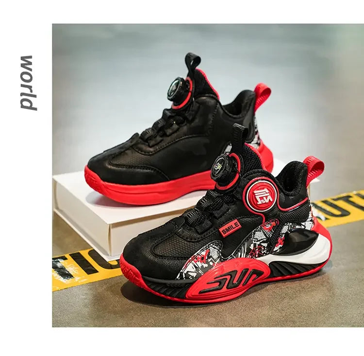 Leather Upper Children Basketball Shoes Rotatory Button Shock Absorbing Boys Shoes