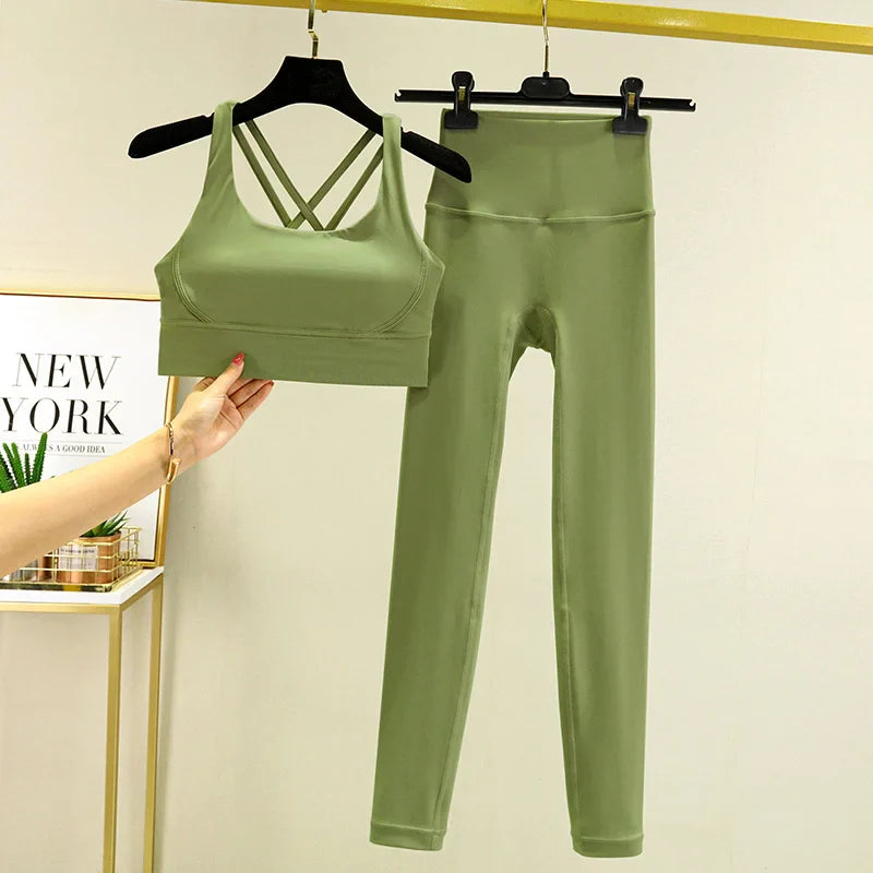 TRY TO BN Tummy Control Gym Set 2 Piece High Waisted Leggings Cross Bra Squat Proof Fitness Breathable Yoga Outfits Workout Set