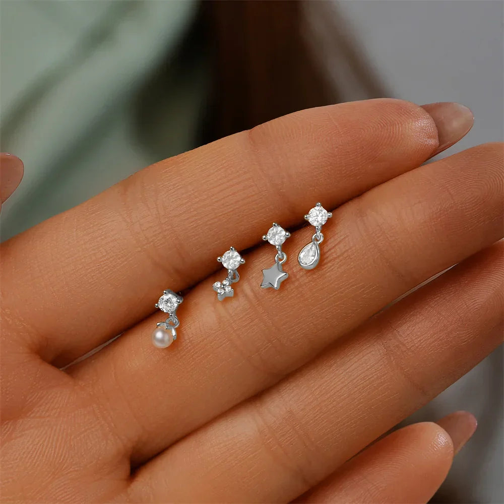 925 Sterling Silver Star/Flower/Pearl Zircon Dangle Earrings For Women 1pc Simple Earrings For Women Girl Wedding Gift