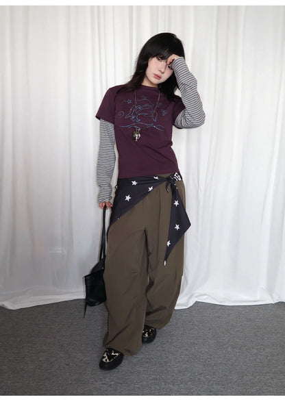 Y2k Vintage T-shirt Women Long Sleeve Patchwork Japanese 2000s Grunge Tops Streetwear American Retro Print Graphic Tops