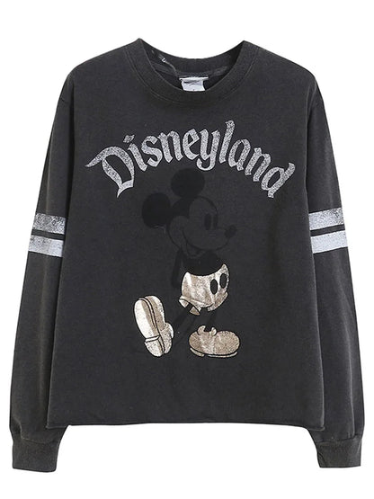 Retro Distressed Sweatshirt Women Mickey Mouse Casual Pullover Tops O Neck Long Sleeve Jumper Streetwear