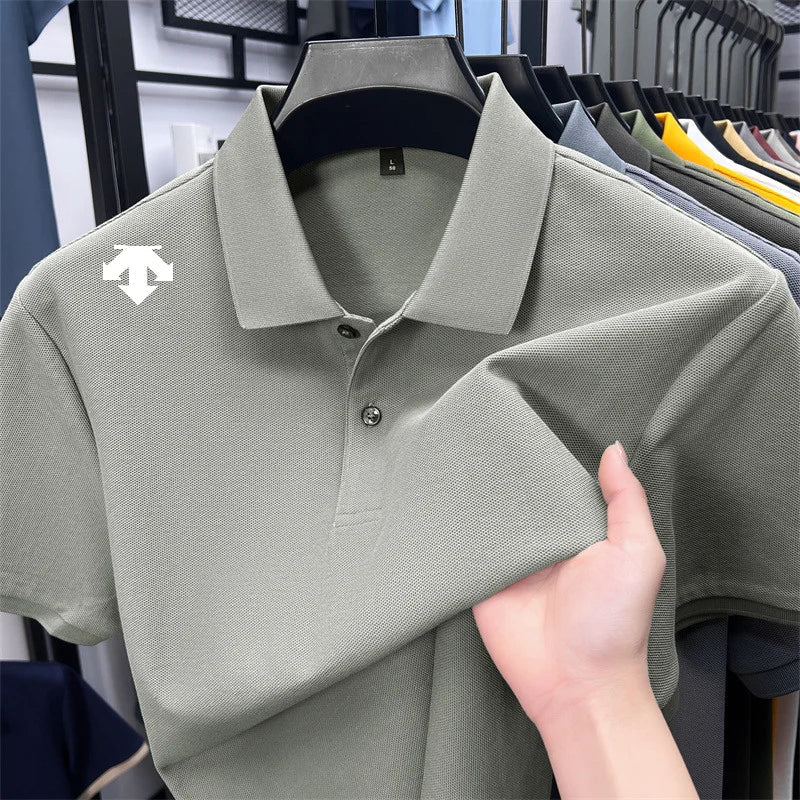 100% men's summer luxury brand polo shirt lapel geometric printing short sleeves t-shirt outdoor leisure men clothing tops