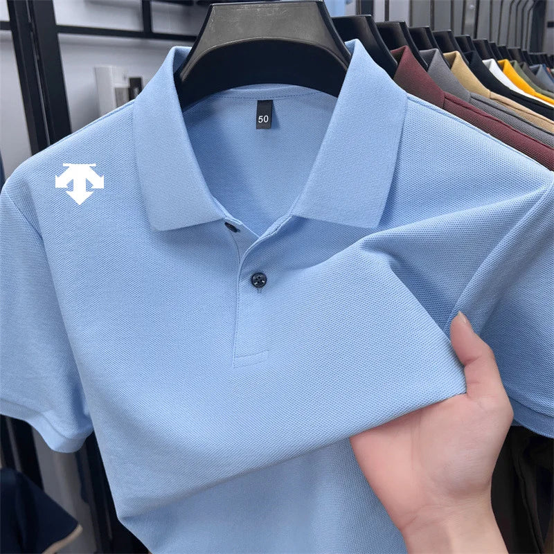 100% men's summer luxury brand polo shirt lapel geometric printing short sleeves t-shirt outdoor leisure men clothing tops