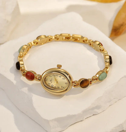 Women's watch Vintage Natural Colorful Jade Bracelet Wristwatches Clock,Luxury Elegant Small Oval Dial Quartz Watch Waterproof