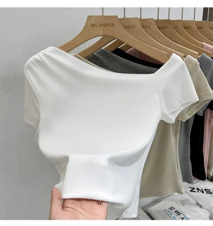 Womens Long Sleeve Off Shoulder T Shirts 2026 Tight Knit Sexy Slim Fitted Casual Women's Basic Tops Cropped T-Shirt