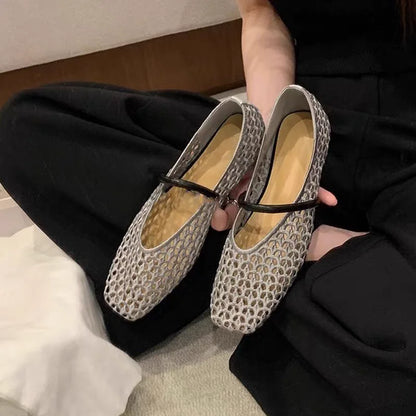 2025 zapatos de Ballet de malla hueca para mujer, sandalias transpirables Mary Jane con cabeza cuadrada, calzado con correa