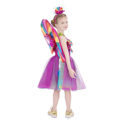 Rainbow Lollipop Girls Dress Sweet Purim Festival Celebrate Costume Fancy Carnival Children Vestidos Princess Cosplay Outfits
