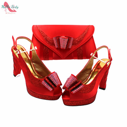 Fashion Pretty Peep Toe African Women Shoes Matching Bag Set in Silver Color Elegant Style Platform Sandals for Party
