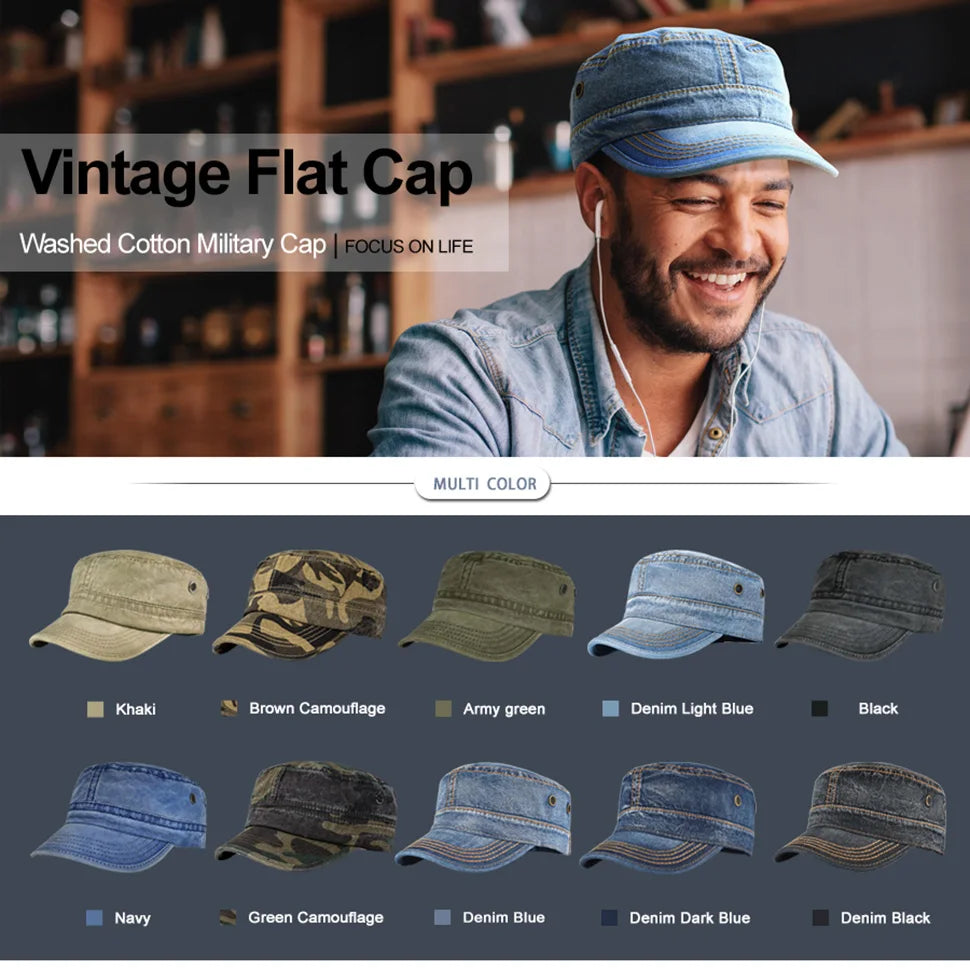 Denim Army Cap Men Washed Cotton Bucket Hat Spring Fall Headpiece Flat Top Adjustable Peaked Visor Hats Trucker Hats