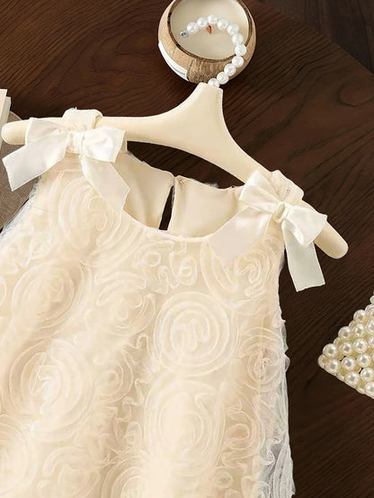 Girls' summer romantic and elegant butterfly knot sleeveless dress with sweet temperament, rose mesh princess dress