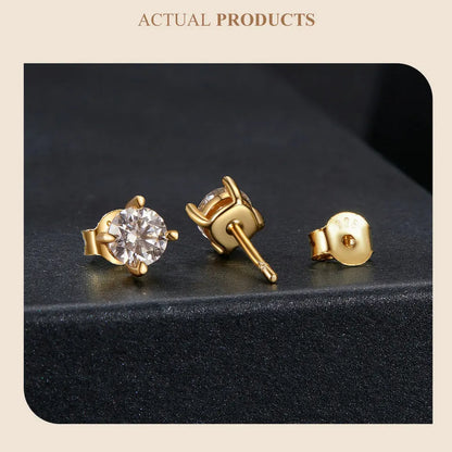 Gold Plated Round Moissanite Stud Earrings for Women, 925 Sterling Silver Classic Engagement Wedding Jewelry Gift MSE038