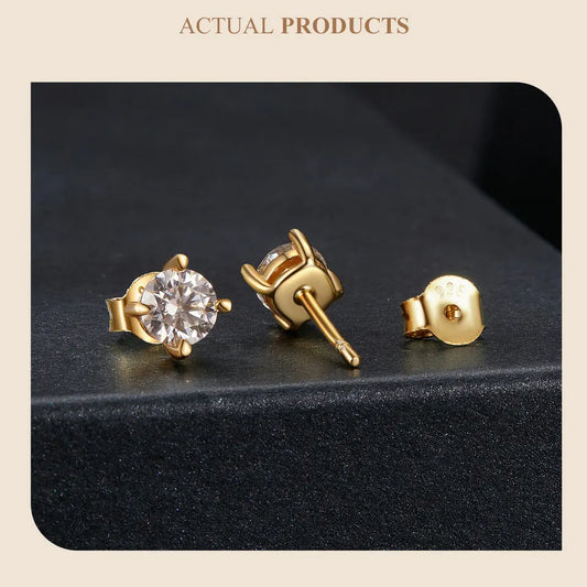Gold Plated Round Moissanite Stud Earrings for Women, 925 Sterling Silver Classic Engagement Wedding Jewelry Gift MSE038