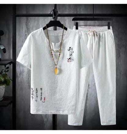 (Shirt + trousers) 2025 summer Chinese Style men shirt Cotton and linen shirts men's High quality casual shirts Two Piece M-5XL