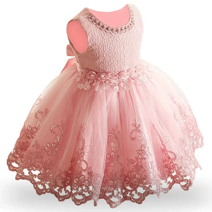 Baby Lace Wedding Dress Flower Girl Sleeveless Pearl Princess Dresses Infant 1st Birthday Party Costume Summer Kids Formal Gown