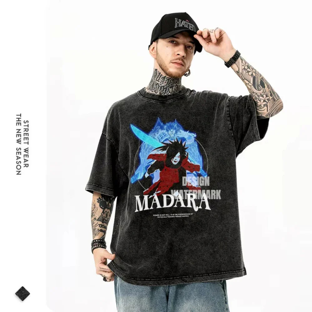T-shirts Vintage Washed Uchiha Itachi Printed T Shirt Oversize Streetwear Manga Kakashi Minato Obito Tops Tees Man Women