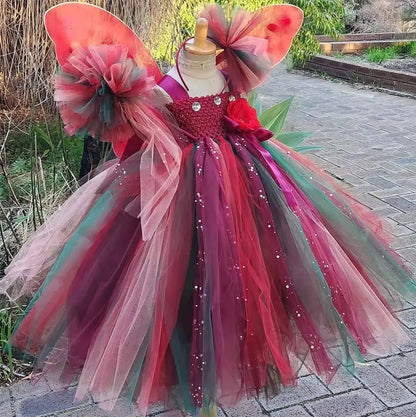 Girls Red Glitter Flower Tutu Dress Kids Glitter Tulle Dress Ball Gown with Wing Children Birthday Party Costume Dresses
