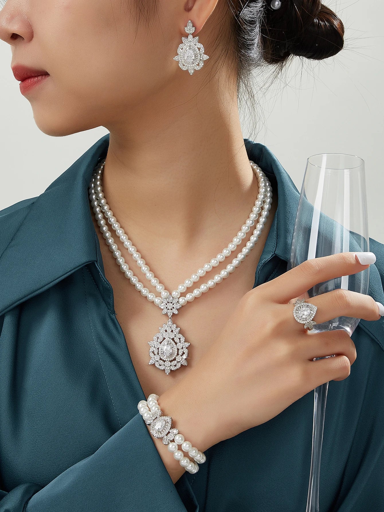 Trendy Pearl Tassel Necklace 4PCS Jewelry Set For Women Wedding Party Full Zircon Dubai Bridal Jewelry Set Gift
