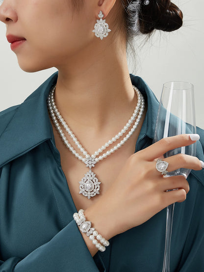 Trendy Pearl Tassel Necklace 4PCS Jewelry Set For Women Wedding Party Full Zircon Dubai Bridal Jewelry Set Gift